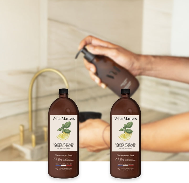 Illutration visuelle 2 de notre Liquide Vaisselle Basilic Citron | 2 x 400ml What Matters