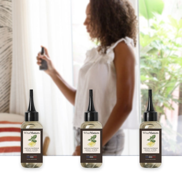 Illutration visuelle 2 de notre Parfum d'Intérieur Basilic Citron | 3 x 100ml What Matters